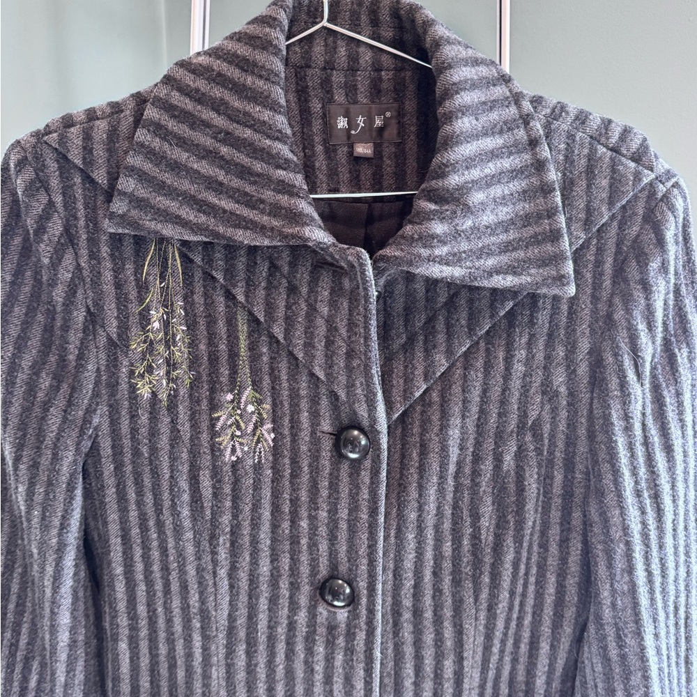 80% Wool Vintage Wool Long Coat Embroidered Minimal Designer Size S - Picture 9 of 16